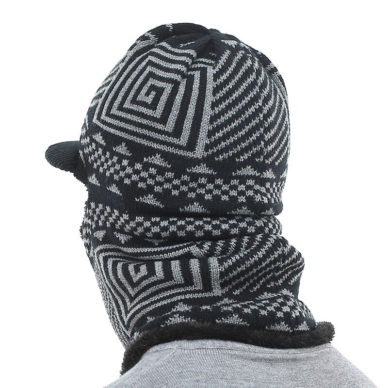 Men's Acrylic Knitted Printed Hat With Winter Wear Neck Scarf