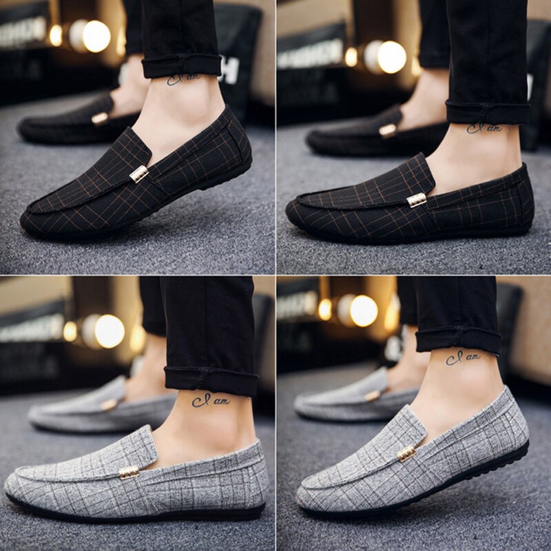 Men's Canvas Round Toe Slip-On Breathable Plaid Pattern Shoes