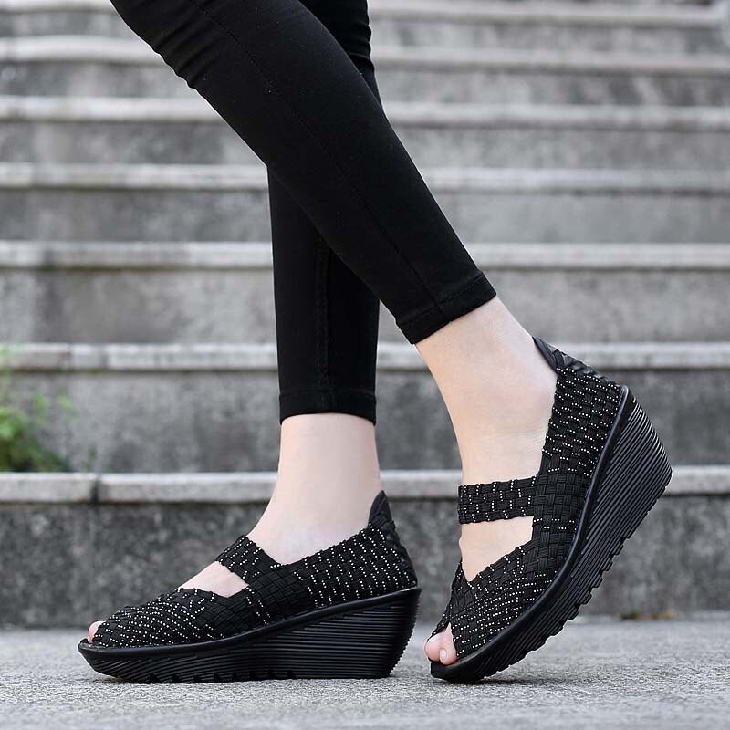 Women's Nylon Breathable Slip-On Closure Platform Woven Sandals