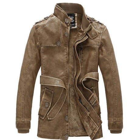 Men's PU Leather Full Sleeves Thick Long Trench Winter Jacket