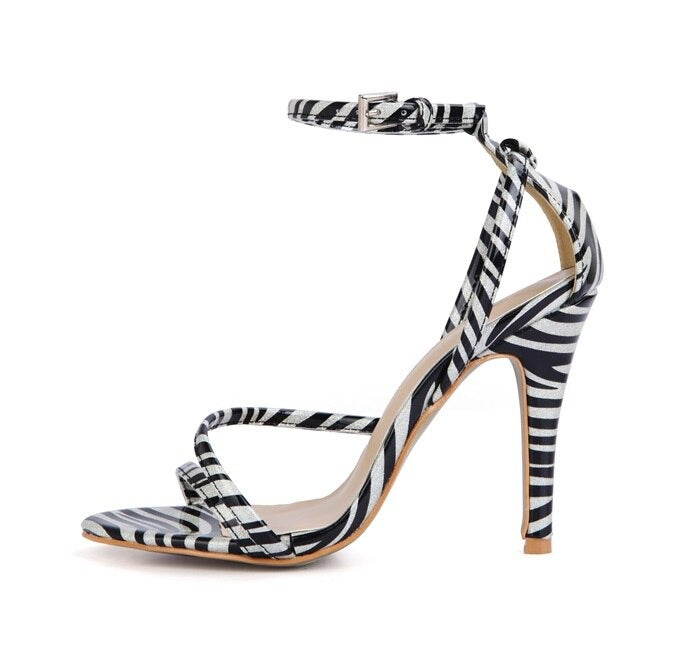 Women's Split Leather Thin High Heels Striped Pattern Sandals