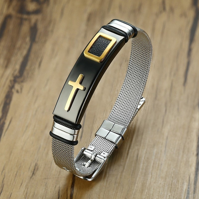 Men's Stainless Steel Toggle Clasp Cross Pattern Trendy Bracelet