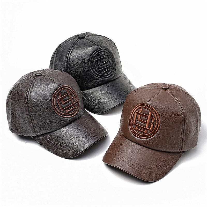 Men's Faux Leather Adjustable Strap Baseball Casual Wear Caps