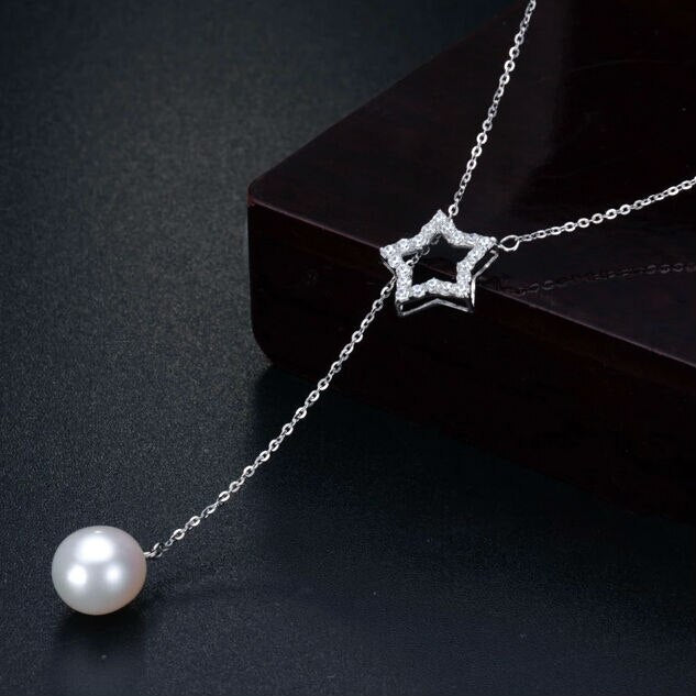 Women's 925 Sterling Silver Pearl Lucky Star Pendant Necklace