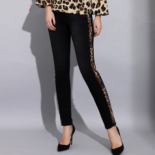 Women's Full Length High Waist Leopard Print Skinny Denim Pants