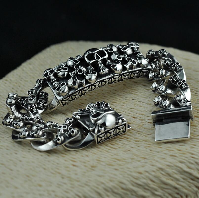 Men's 100% 925 Sterling Silver Link Chain Skull Vintage Bracelet