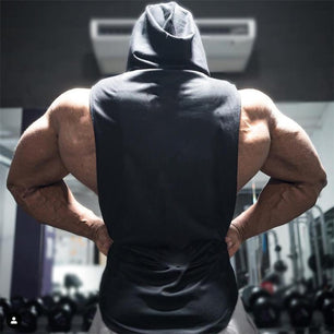 Men's Cotton Sleeveless Solid Pattern Hooded Sports Workout Vest