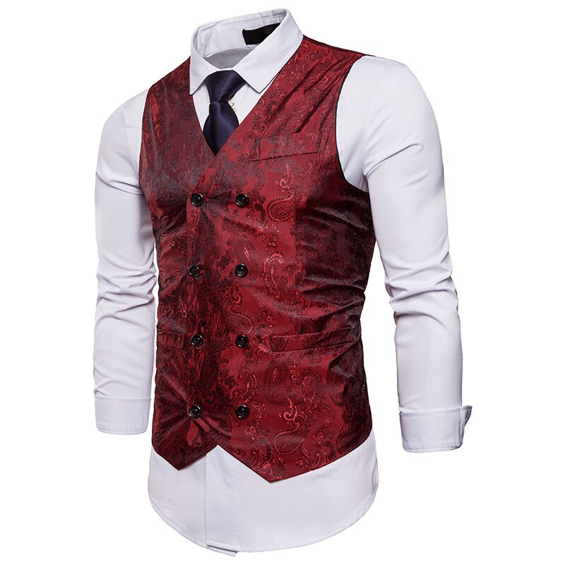 Men's V-Neck Polyester Double Breasted Printed Casual Suit Vest