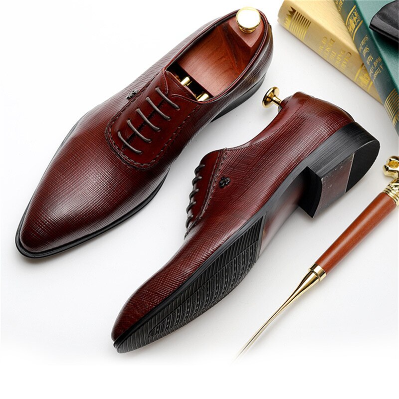 Men's Genuine Leather Pointed Toe Lace-up Closure Wedding Shoes