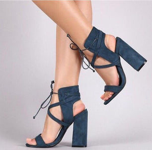 Women's Faux Suede Lace-up Closure Square Heels Pumps Sandals