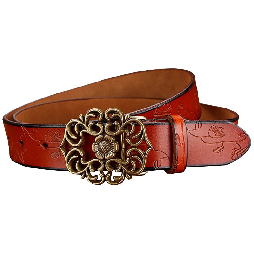 Women's Cowskin Genuine Leather Buckle Floral Pattern Strap Belt