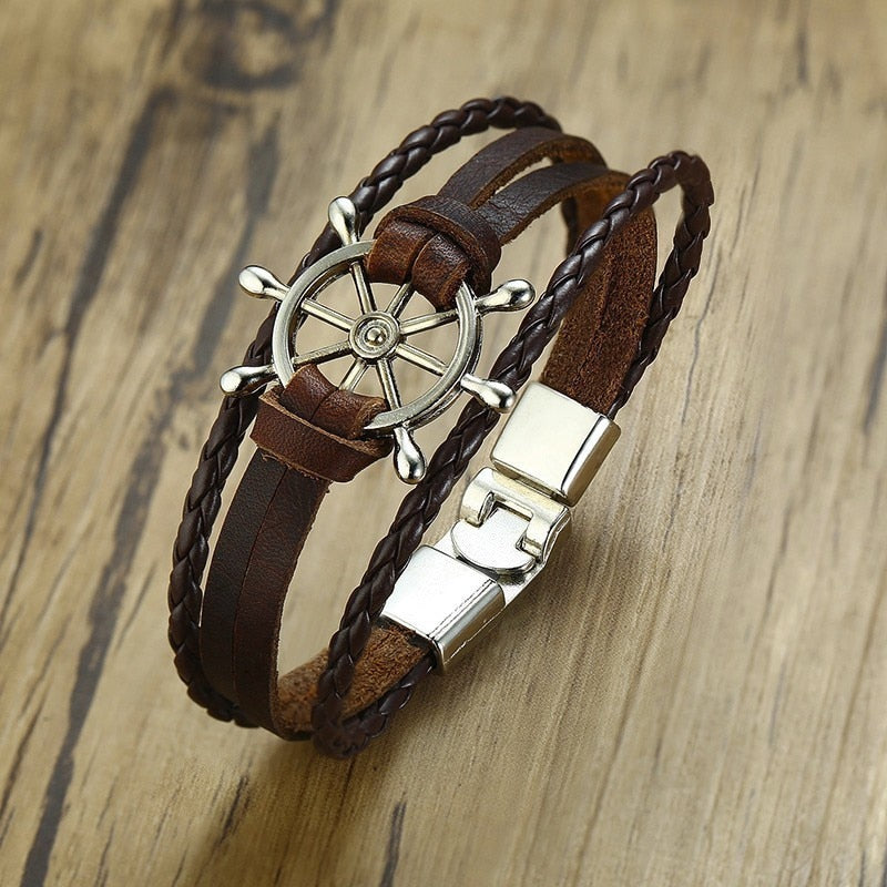 Men's Genuine Leather Hook Clasp Elegant Round Chain Bracelet