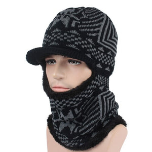 Men's Acrylic Knitted Printed Hat With Winter Wear Neck Scarf