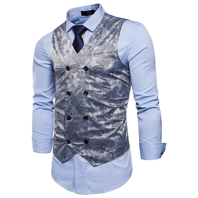 Men's V-Neck Polyester Double Breasted Printed Casual Suit Vest