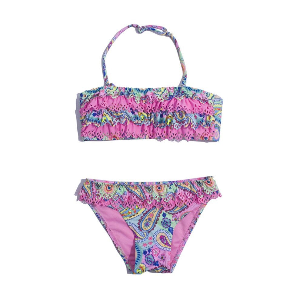 Kid's Girl Spandex Mid Waist Bathing Printed Swimwear Bikini Set