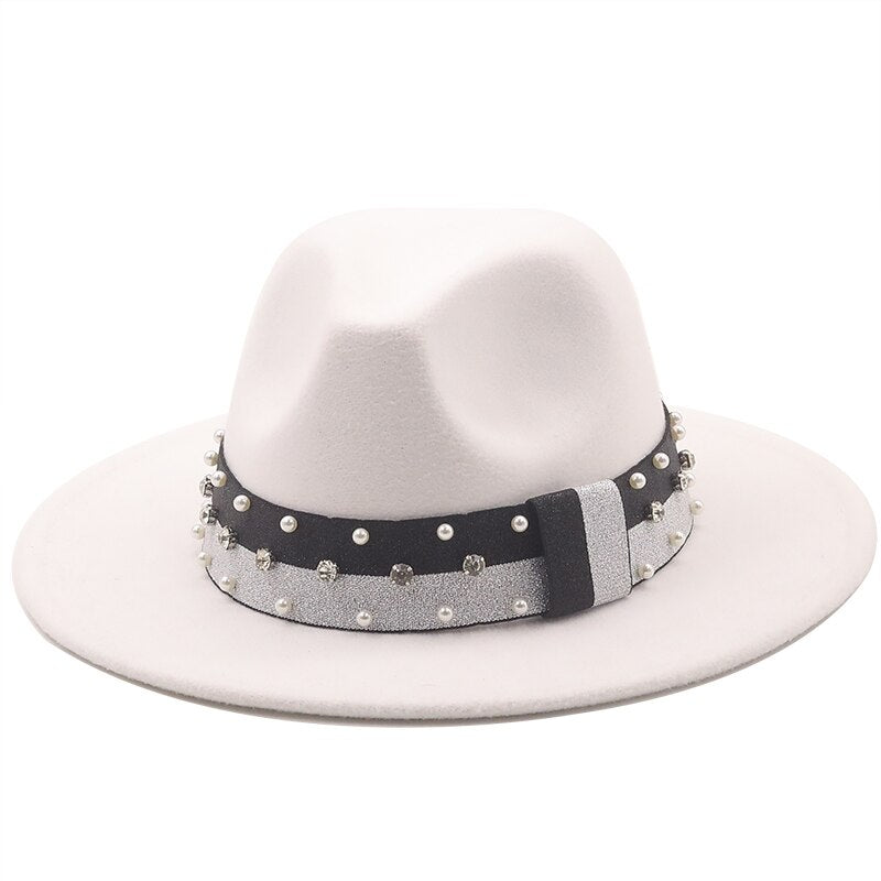 Women's Wool Ribbon Band Pearl Pattern Casual Wear Elegant Hat