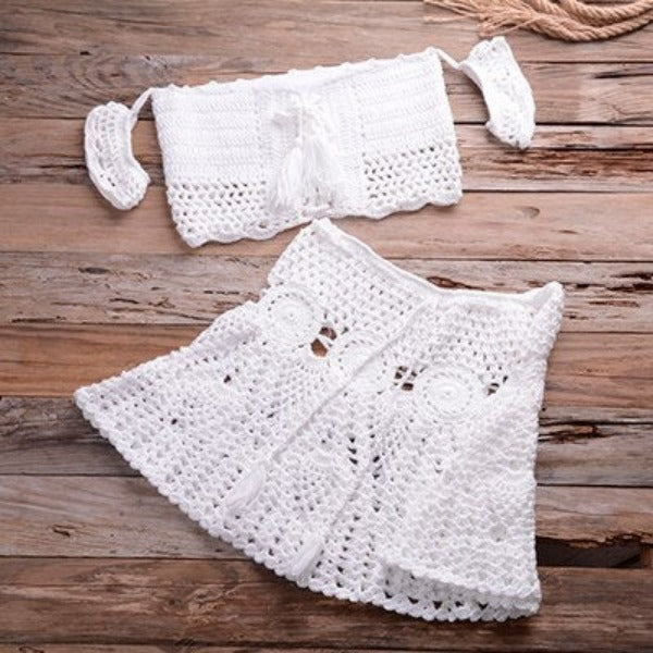 Women's Cotton Off Shoulder Two Pieces Knitted Solid Bikini Set