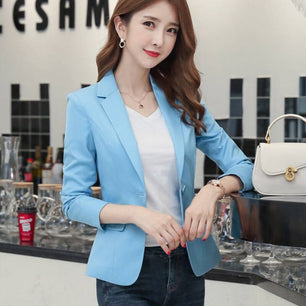 Women's Notched Collar Single Button Full Sleeves Solid Blazers