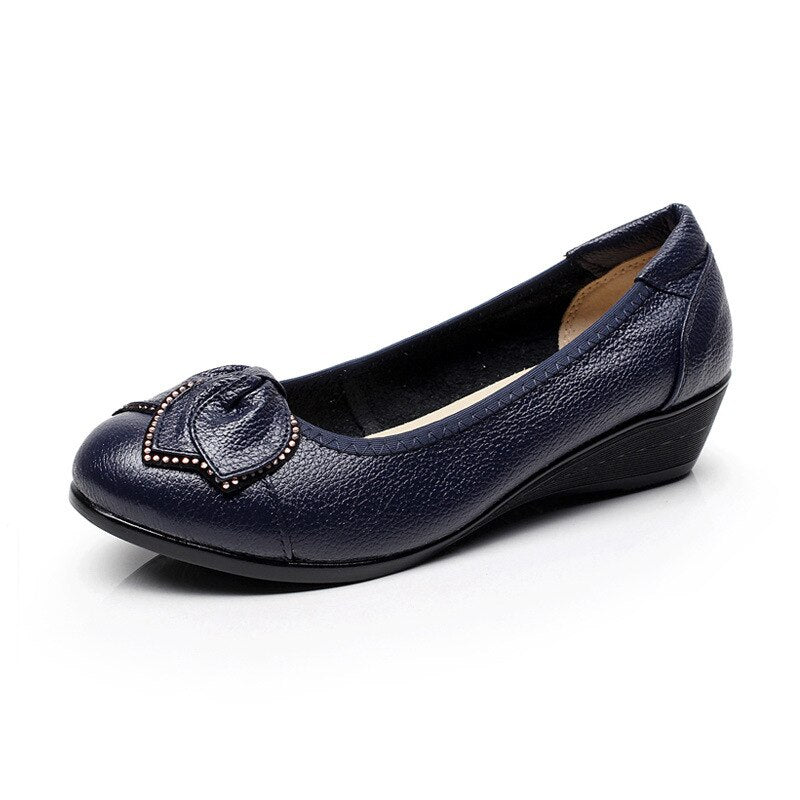 Women's Genuine Leather Round Toe Slip On Closure Solid Shoes