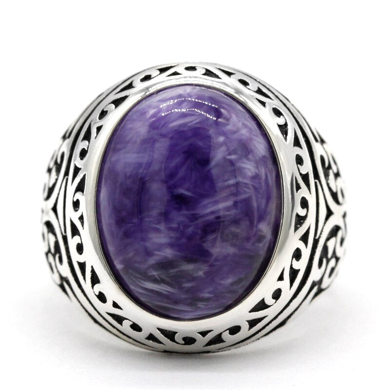 Men's 100% 925 Sterling Silver Charoite Bezel Setting Oval Ring