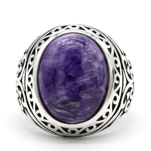 Men's 100% 925 Sterling Silver Charoite Bezel Setting Oval Ring