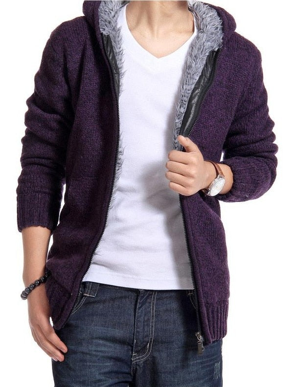 Men's Polyester Full Sleeves Zipper Closure Hooded Winter Sweater