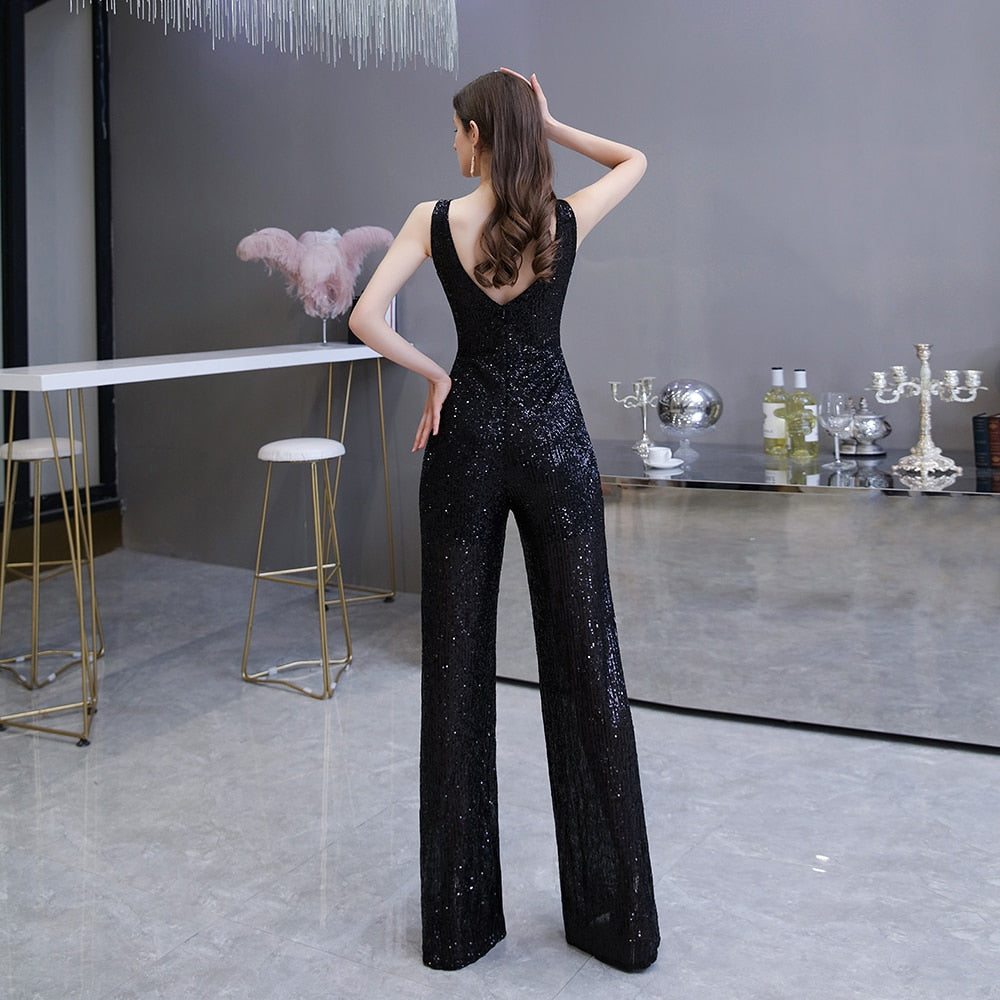 Women's Polyester Sleeveless Ankle-Length Sequin Pattern Jumpsuit