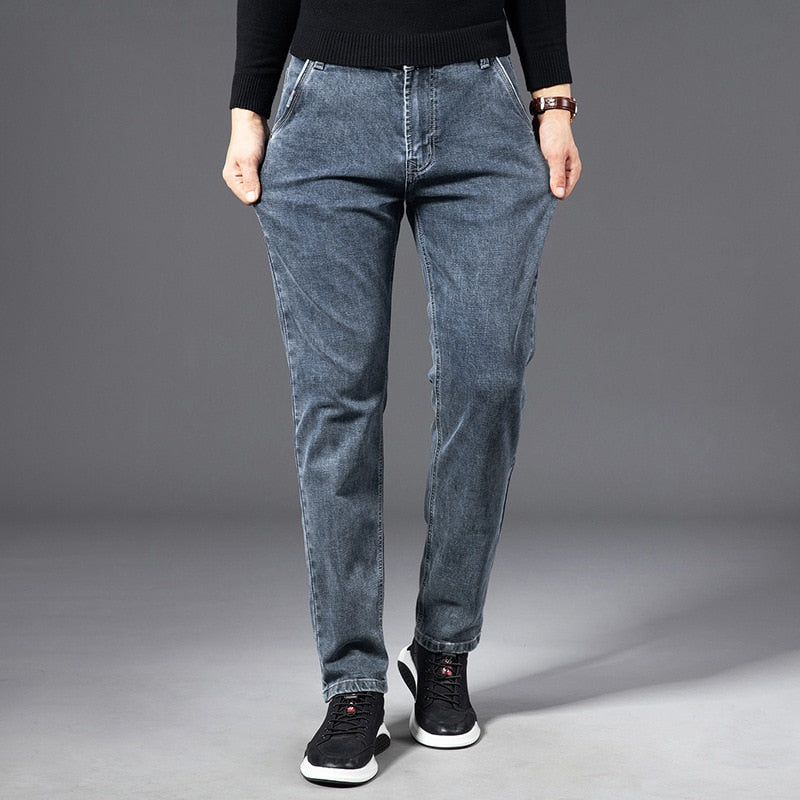 Men's Mid Waist Zipper Fly Closure Plain Pattern Denim Pants