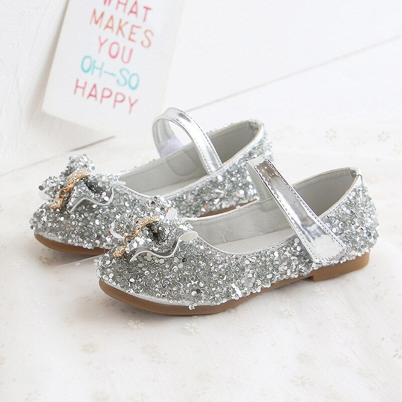 Kid's Girl PU Round Toe Glitter Sequined Wedding Bow-Knot Shoes