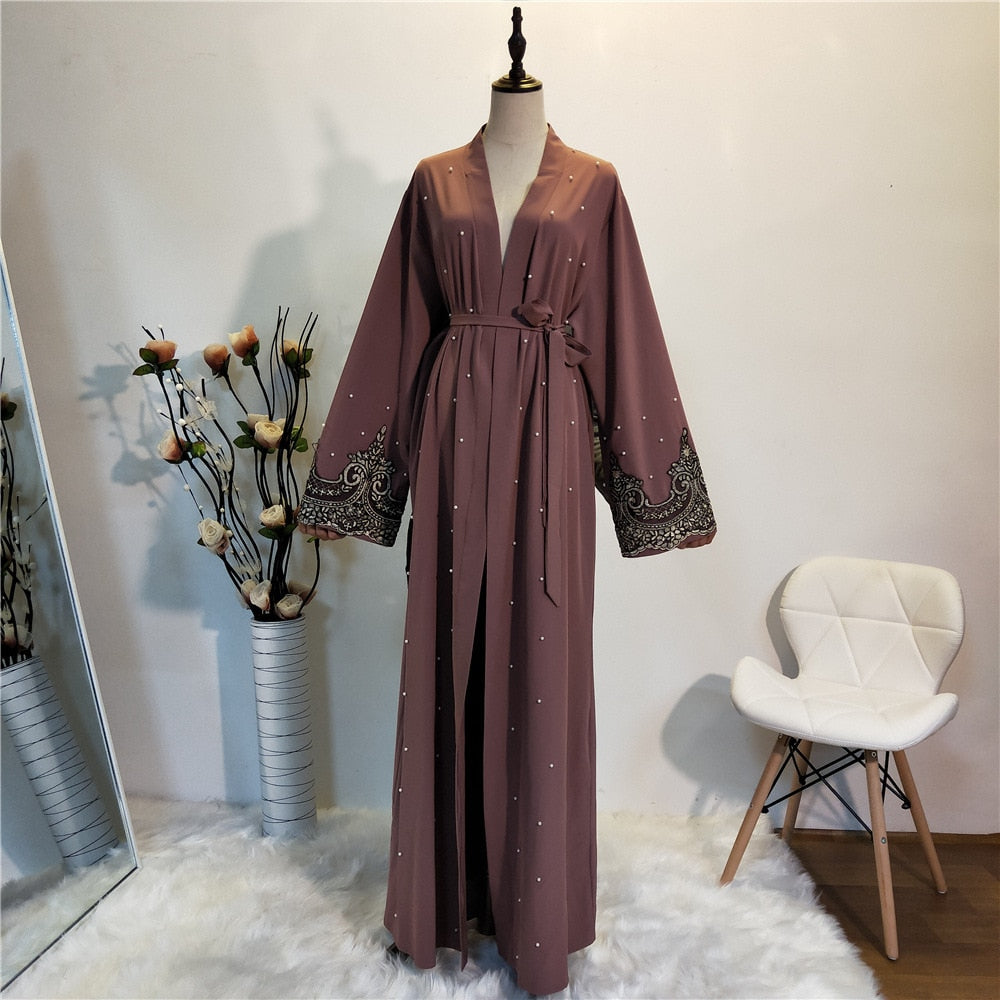 Women's Arabian Polyester Full Sleeve Beaded Elegant Open Abaya