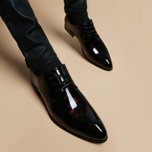 Men's Pointed Toe Patent Leather Lace-up Closure Trendy Shoes