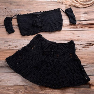 Women's Cotton Off Shoulder Two Pieces Knitted Solid Bikini Set