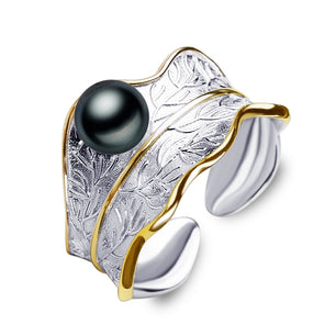 Women's 925 Sterling Silver Geometric Pattern Pearl Elegant Ring