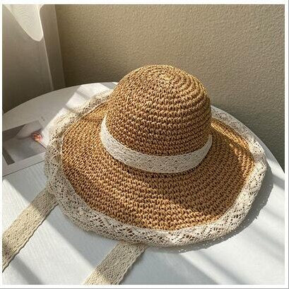 Women's Floppy Lace Striped Hollow Bucket Straw Foldable Sun Hats