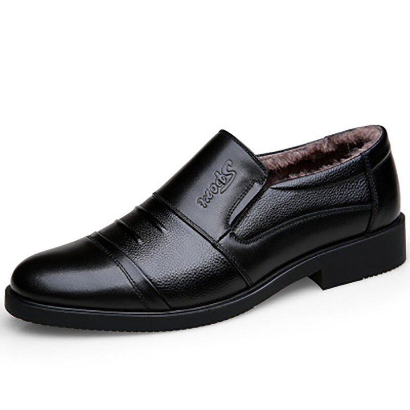 Men's Genuine Leather Round Toe Elastic Band Closure Winter Shoes