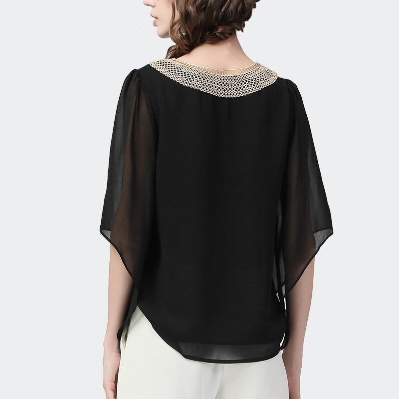 Women's V-Neck Half Sleeves Irregular Cape Lace Chiffon Blouse