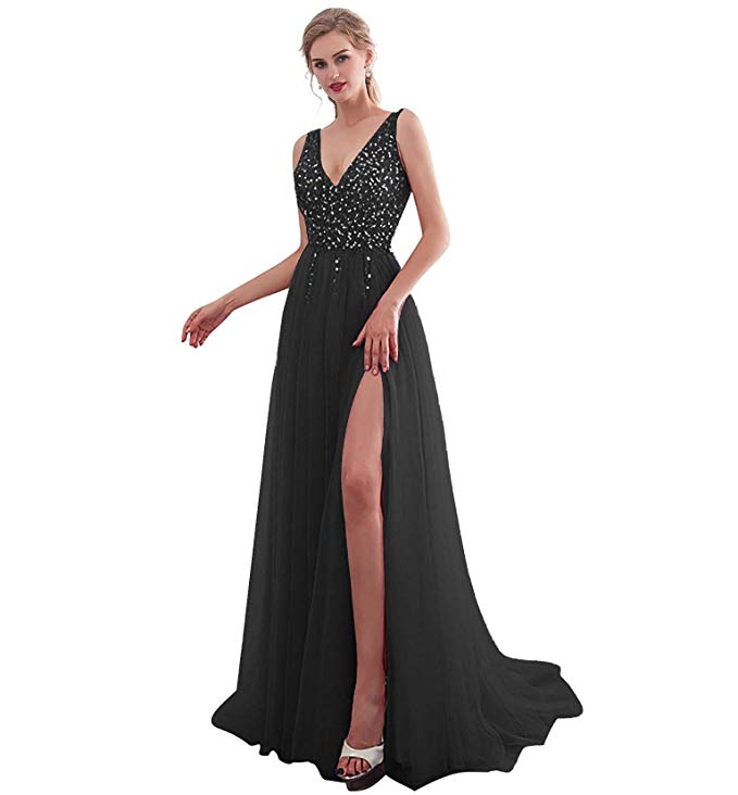 Women's V-Neck Polyester Sleeveless Beading Tulle Backless Dress