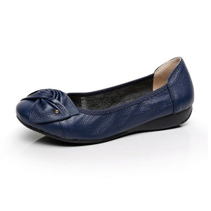 Women's Genuine Leather Round Toe Slip On Closure Solid Shoes