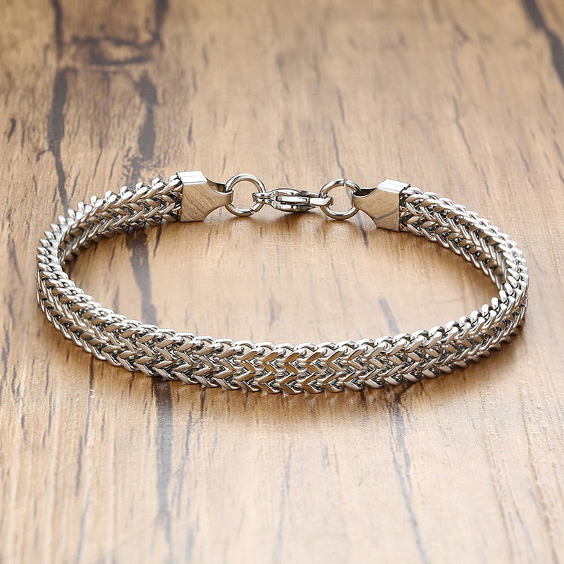 Men's Stainless Steel Fold Over Clasp Link Chain Round Bracelet