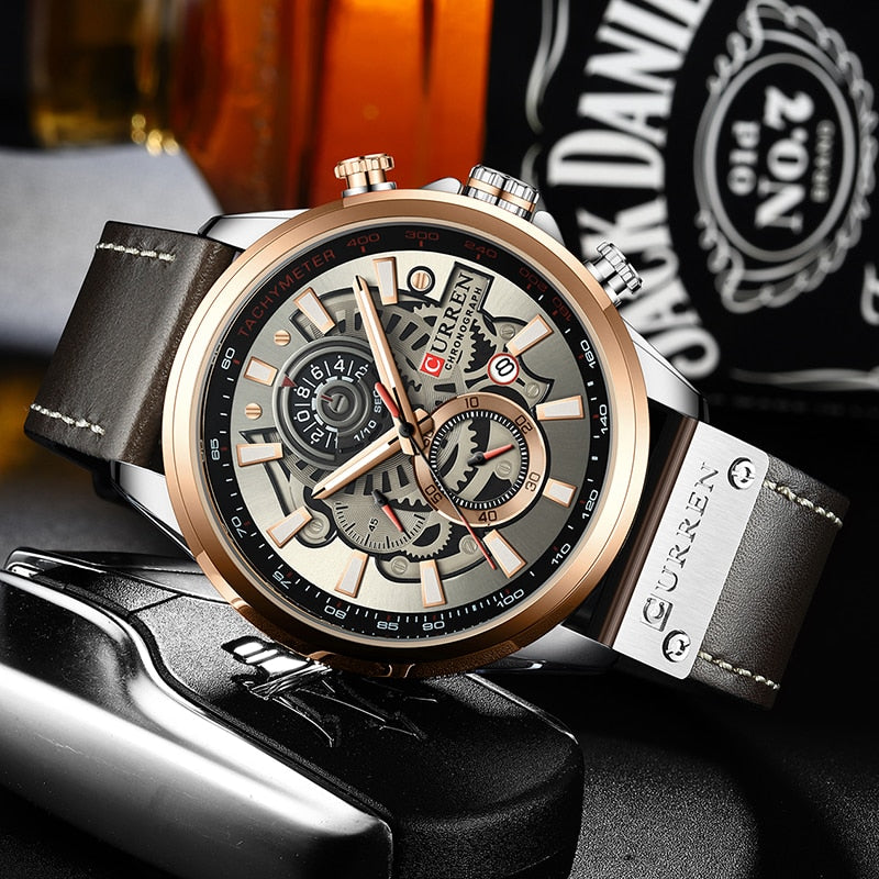 Men's Leather Mechanical Buckle Clasp Waterproof Wrist Watch