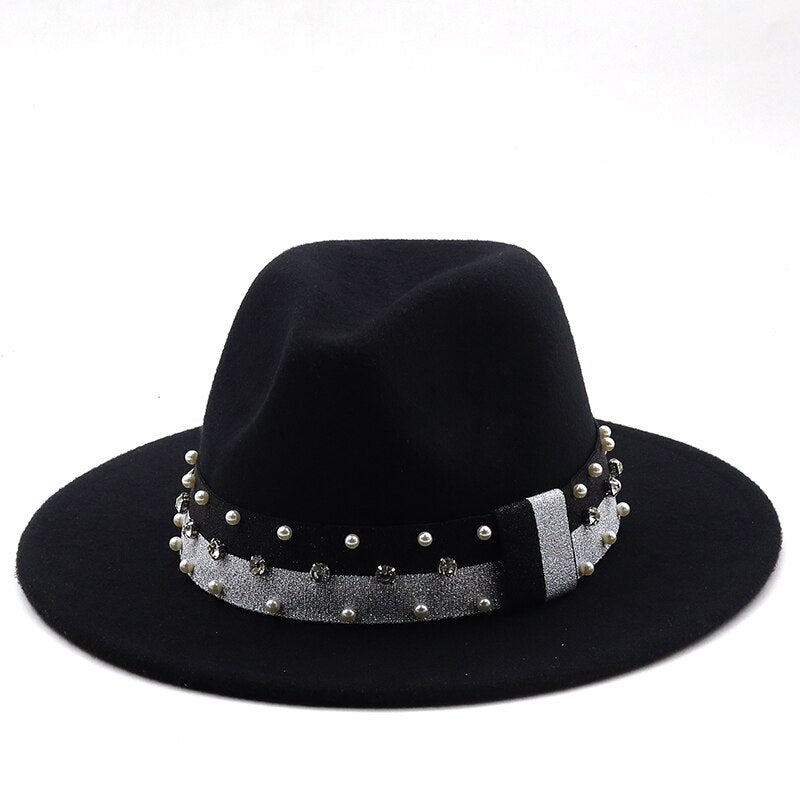 Women's Wool Ribbon Band Pearl Pattern Casual Wear Elegant Hat