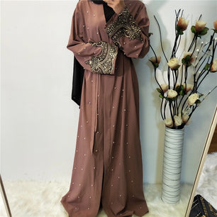 Women's Arabian Polyester Full Sleeve Beaded Elegant Open Abaya