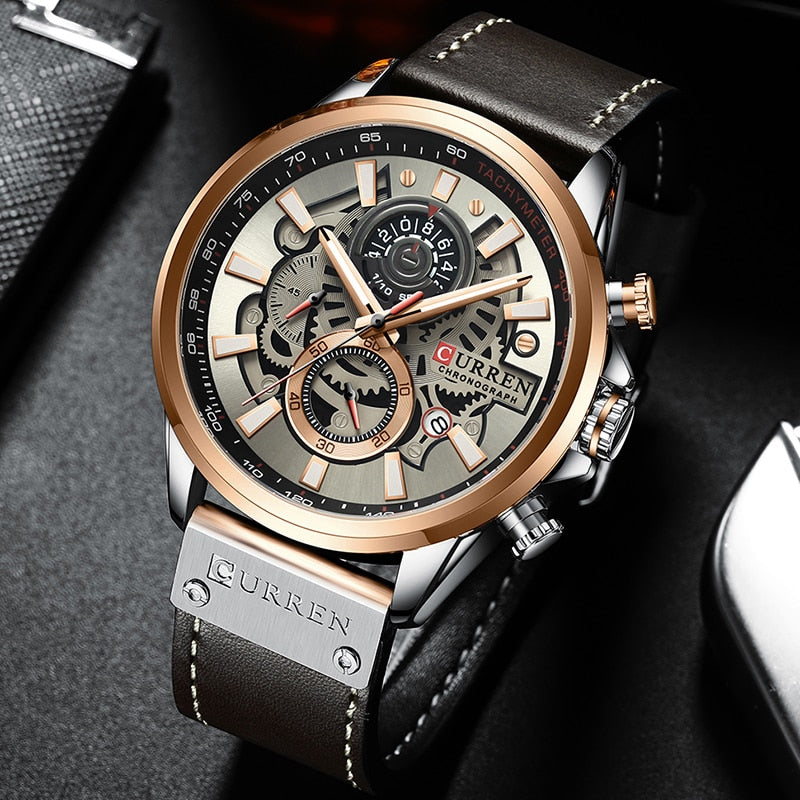 Men's Leather Mechanical Buckle Clasp Waterproof Wrist Watch