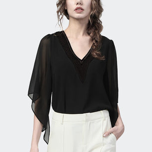 Women's V-Neck Half Sleeves Irregular Cape Lace Chiffon Blouse