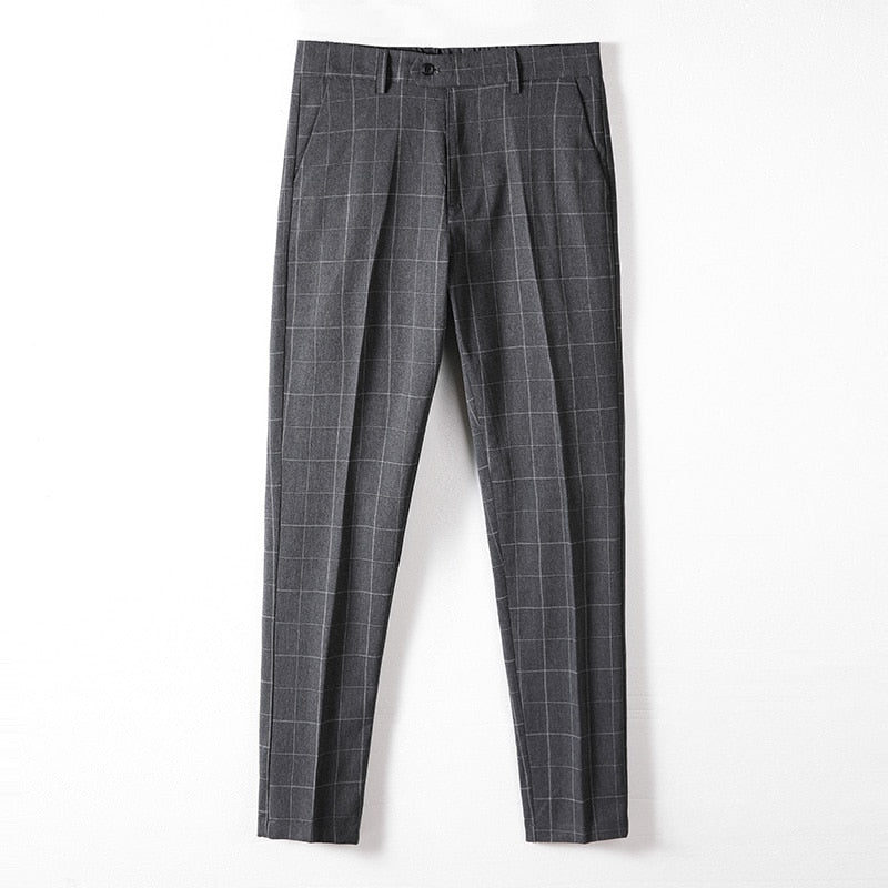 Men's Polyester Zipper Fly Closure Plaid Pattern Formal Pants