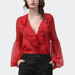 Women's Deep V-Neck Full Sleeve Solid Ruffle Chiffon Blouses