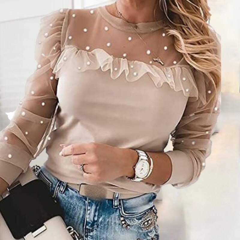 Women's O-Neck Full Sleeves Rhinestone Mesh Patchwork Blouse