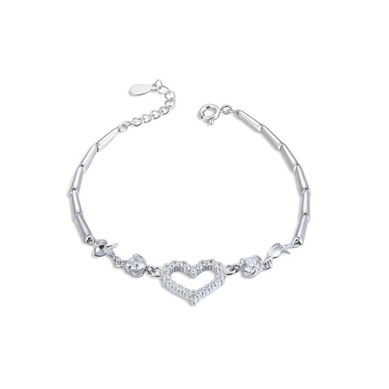 Women's 100% 925 Heart Pattern Zircon Silver Charm Type Bracelet