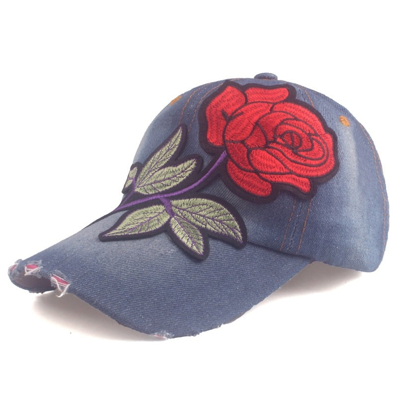 Women's Denim Adjustable Strap Sun Protection Floral Baseball Cap