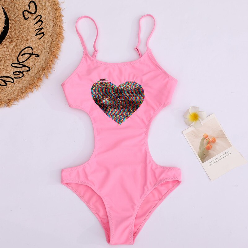 Kid's Polyester O-Neck Spaghetti Strao Cut Out Pattern Swimwear